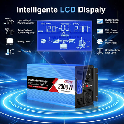 2000 W/4000 W DC 12 V naar AC 230 V zuivere sinusomvormer, spanningsomvormer met 2 AC-aansluitingen, 1 USB-aansluiting, lcd-display, voor auto en camper