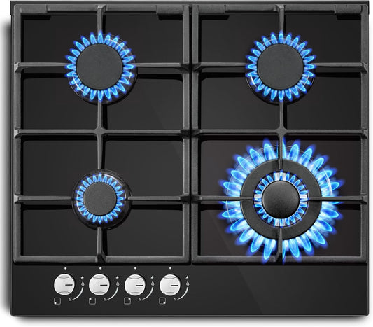 4-pits gaskookplaat – gasfornuis – gaspitten – kookplaat gas – ingebouwde gaskookplaat – Glazen oppervlak van gehard veiligheidsglas – Veiligheidsontsteking met thermokoppel