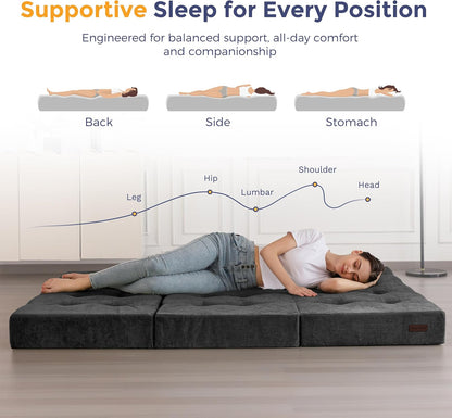 MAXYOYO Opvouwbare Matras Eenpersoons, 15 cm Comfortabele Opvouwbare Matras Met Chenille-Stof, Driekwijd Vloer Futon Bank Bed Voor Gast, Vouwmatras Topper Voor Camping, Grijs, Dubbel