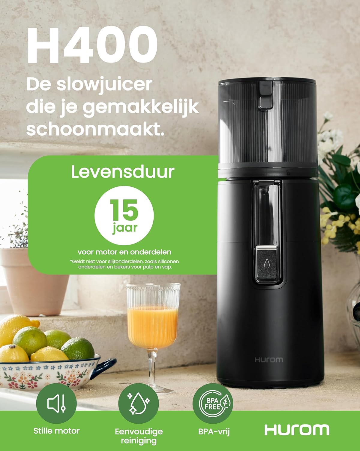 HUROM | H400 | Sapcentrifuge voor fruit en groenten | Hurom Easy Clean H400 | Snijbak | 150 Watt | BPA-vrij