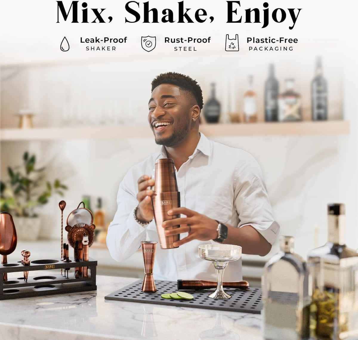 Cocktailset – Bartenderset – Cocktailshakerset – Barset – Shakerset – 16-Delige Set Met 800 Ml Boston Shaker En 35 Receptkaarten – Koper/Zwarte Afwerking Met Bamboe Displaystandaard