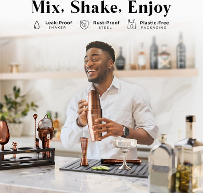 Cocktailset – Bartenderset – Cocktailshakerset – Barset – Shakerset – 16-Delige Set Met 800 Ml Boston Shaker En 35 Receptkaarten – Koper/Zwarte Afwerking Met Bamboe Displaystandaard