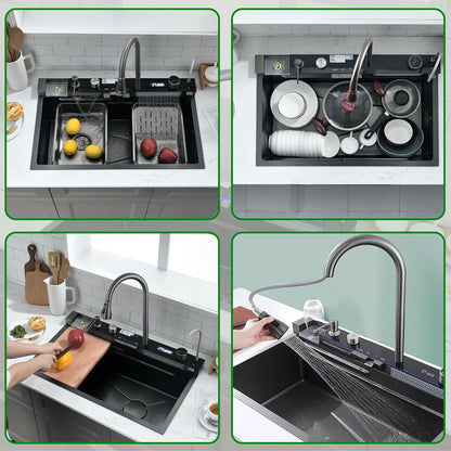 304 Roestvrij Staal Keuken Spoelbak, 80x45x21cm Zwarte Enkele Kom Multifunctionele Waterval Sink