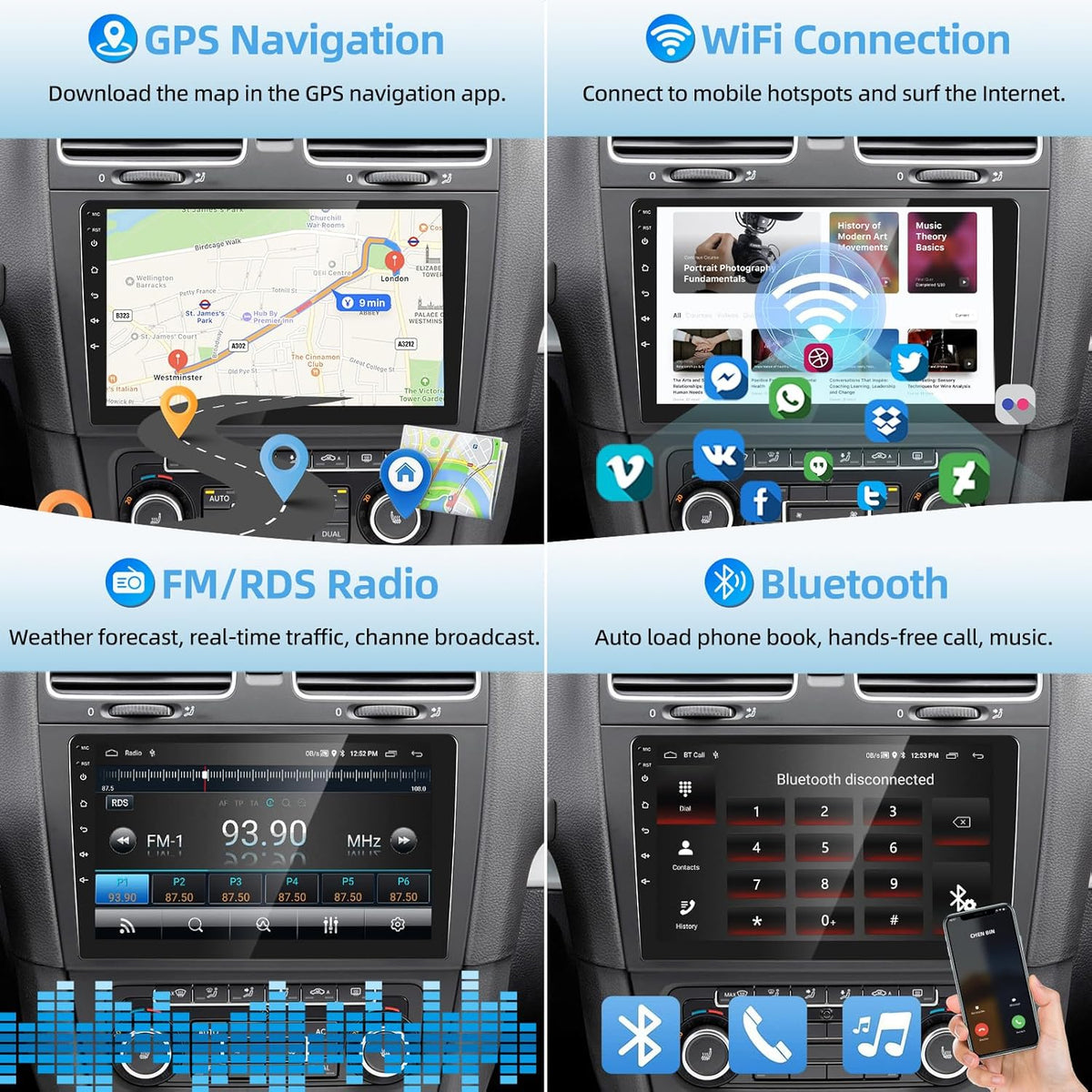 Draadloze Carpaly Autoradio Android 15.0, 2 Din 9'' HD Touchscreen Autoradio met Android Auto/GPS Navigatie/Bluetooth/Mirror Link/Achteruitrijcamera/Stuurwielbediening/FM/RDS + MIC
