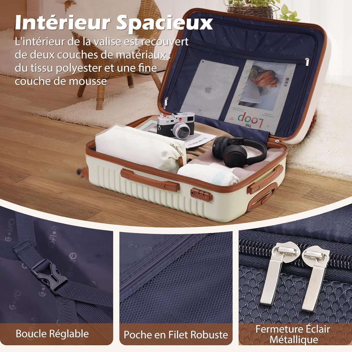 COOLIFE Koffer trolley koffer reiskoffer van ABS hard shell trolley 4 wielen TSA-slot De koffer bevat 1 reisrugzak en 1 toilettas, wit/bruin., 3-Piece Set - Large, Klassiek
