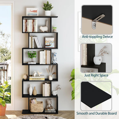Yusong Boekenplank 6-laags geometrische boekenkast S-vormige boekenplanken voor slaapkamer, moderne houten decoratieve displayplank hoge boekenkast voor thuiskantoor, zwart