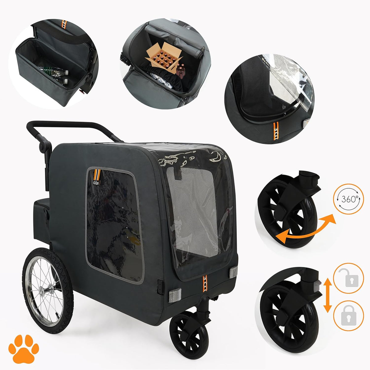 CHASE - 3-in-1 hond huisdier fiets, fietskar, huisdier- & boodschappenkar wandelwagen, jogger, handige trolley, gemakkelijk inklapbaar, inclusief regenhoes, zwart