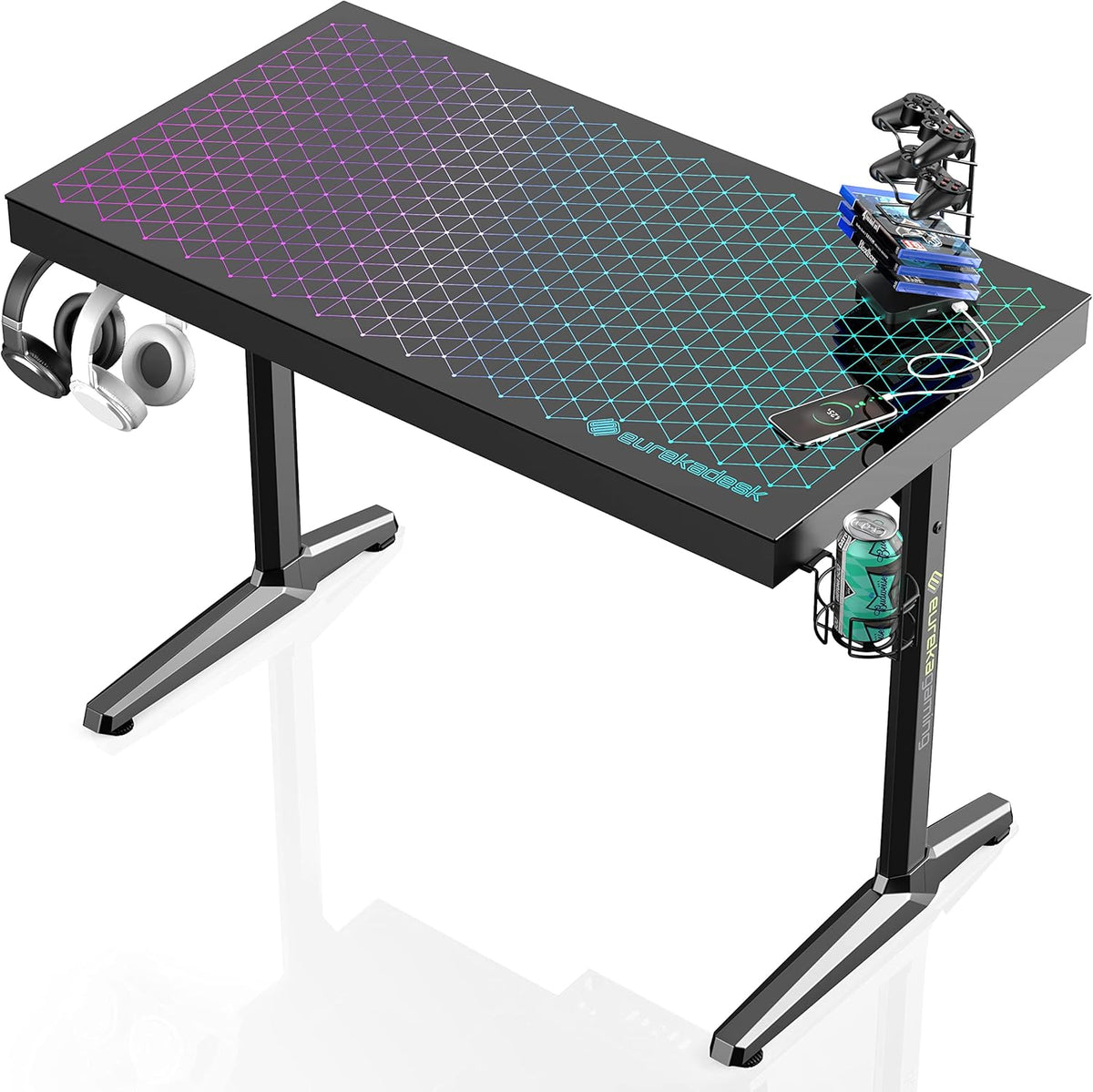 EUREKA ERGONOMIC Gamingbureau, led, bureau, gamer, 110 cm, van glas, voor gaming, pc, computer, synchroniseren met muziekritme, RGB-verlichting via app-besturing