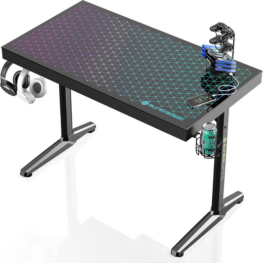EUREKA ERGONOMIC Gamingbureau, led, bureau, gamer, 110 cm, van glas, voor gaming, pc, computer, synchroniseren met muziekritme, RGB-verlichting via app-besturing