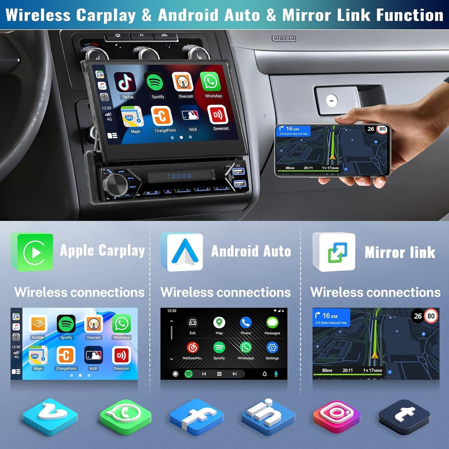 Android-autoradio 13 2G + 64G 1 Din met Wireless Carplay Android Auto, 7 inch flip-out touchscreen Bluetooth autoradio met Mirror Link WiFi GPS SWC FM RDS USB + achteruitrijcamera + MIC