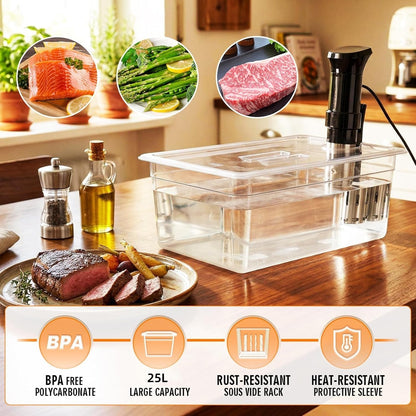 Qcwwy Overig Keukengereedschap Accessoires Sous Vide-container met Deksel 25 Liter voor Vrijwel Alle Onderdompelingscirculatoren Fornuizen Kristalhelder Transparant Accessoireset Slowcooker