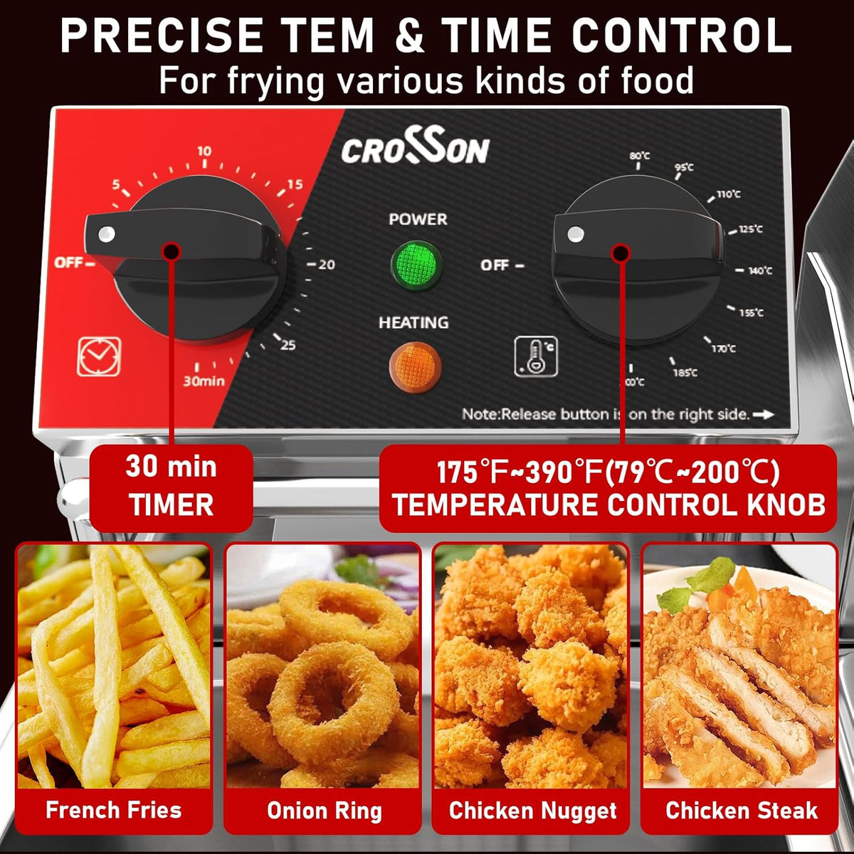 CROSSON Elektrische Friteuse met Dubbele Tank 8L,230V/5000W Professionele Elektrische Friteuse met Verstelbaar Thermostaat 80-200°C,met Afneembare Olietank,Verstelbare Roestvrijstalen Poten