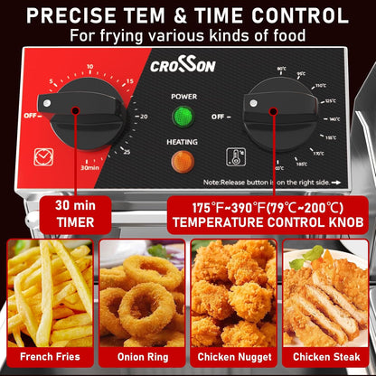 CROSSON Elektrische Friteuse met Dubbele Tank 8L,230V/5000W Professionele Elektrische Friteuse met Verstelbaar Thermostaat 80-200°C,met Afneembare Olietank,Verstelbare Roestvrijstalen Poten