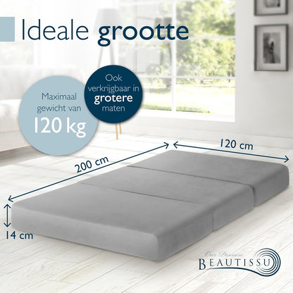 Beautissu Premium XXL Vouwmatras 120x200 cm inkl. Hoes Wasbar – Opvouwbaar Logeermartas Extra Dik 14 cm Traagschuim Matras H3 – Eenvoudig Transport & Hoog Slaapcomfort Opvouwbaar Gastenmatras – Grijs