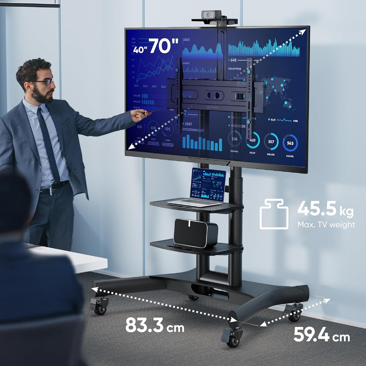 Mobiele TV Standaard Op Wielen Zwart – Verrijdbare Tv-standaard – Tv Beugel Op Wielen – Tv Vloerstandaard – Televisie Meubel Verrijdbaar – Geschikt Voor 40-70 Inch En 45,5 Kg – VESA 100x100 Tot 600x400 Mm