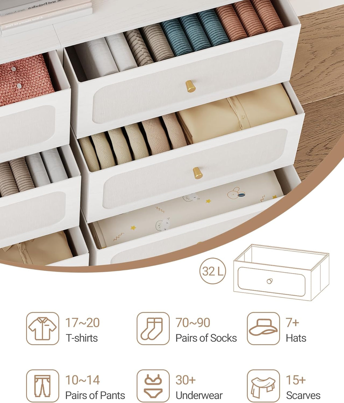 Hzuaneri Chest of Drawers 110 cm, Cabinet with 6 Fabric Drawers, Multifunctional Dresser with Fabric Bag, Metal Frame, 30 x 110 x 85 cm, for Living Room and Bedroom, Modern, White Gold DU25813AW