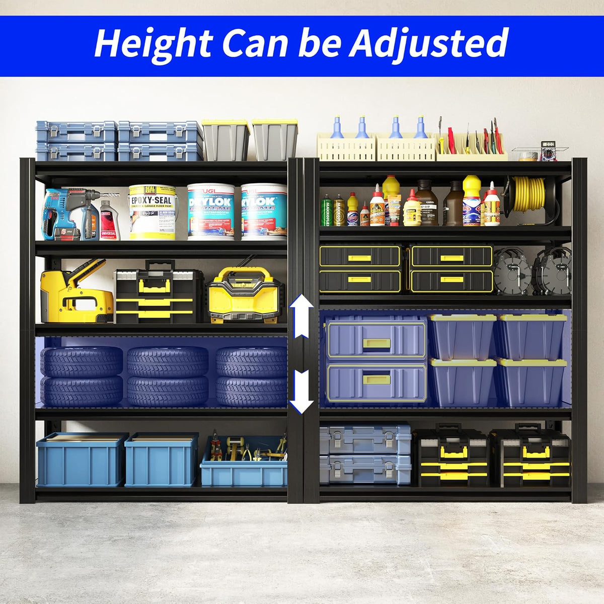 72" H Metalen Opslagplanken, 3000 LBS Heavy Duty Planken, Verstelbaar 5-laags opbergrek, Industriële Utility Plank voor Garage, Magazijn, Slaapkamer, Keuken, 24" D×48" B × 72" H, Zwart