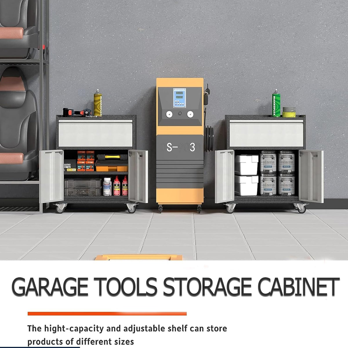 gereedschapskast met laden, werkplaatswagen garagekast met wielen en 2 afsluitbare deuren, metalen kast ideaal voor gereedschap en accessoires