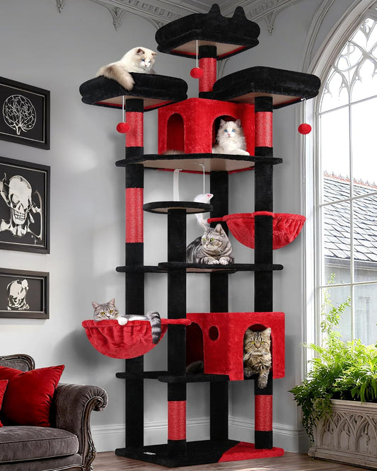 Globlazer Cat Tree Black Red XXL 209cm with 3 Seat Rod Cushioned, 2 Cat House, Large Platform, 2 Basket, Plush Toys, Scratching Post Large Stable for 3-5 Cats Rest Play Indoor (F82, Gothic) - QUORE