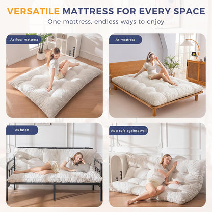 MAXYOYO Futonmatras, Chenillestof 15 cm Dik, Oprolbare Futon-Slaapbank, Gevuld Met Versnipperd Schuim, Geknoopt, Praktische Opvouwbare Matrasbeschermer (Frame Niet Inbegrepen)