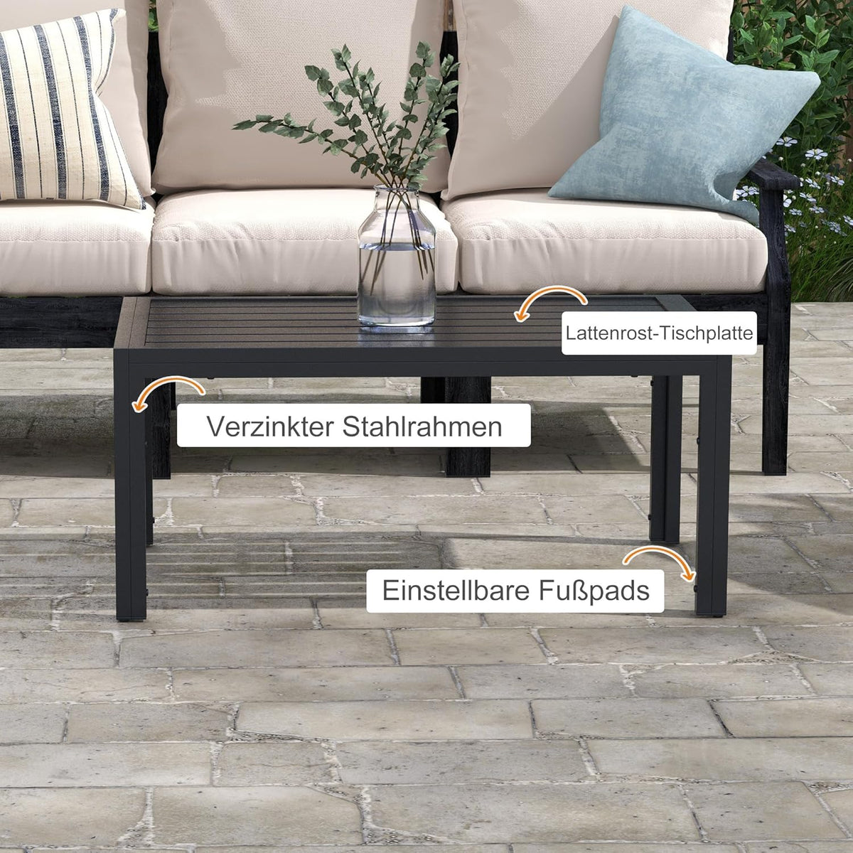 Outsunny Beistelltisch Balkontisch aus Stahl Rechteckig Kaffeetisch wetterfest Gartentisch pfleegelcht Sofatisch Outdoor Tisch für Balcony Garten Terrasse Veranda Wohnzimmer, 101.6x61x46cm Schwarz - QUORE