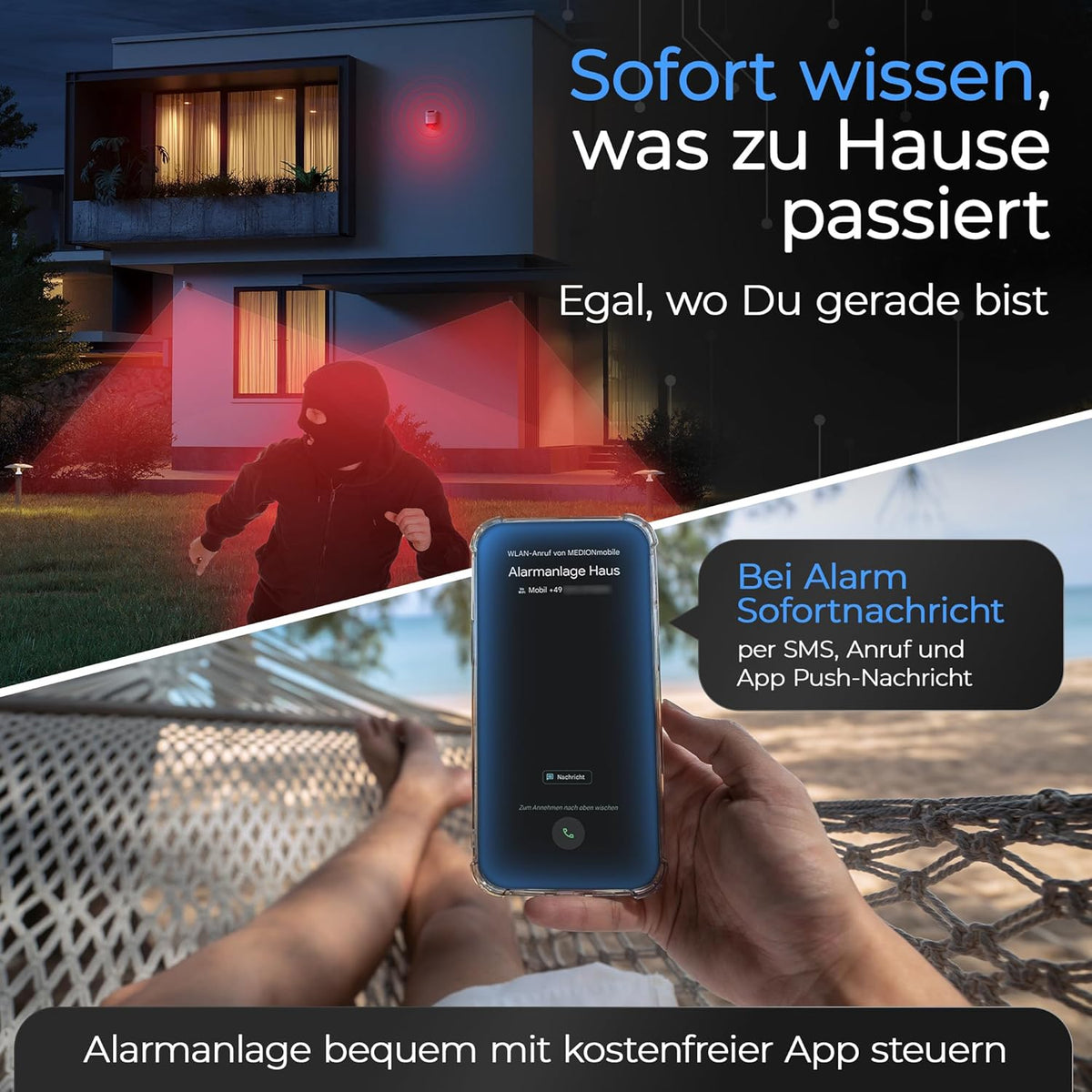 Safe2Home Draadloze alarminstallatieset met sabotagebeveiliging, draadloos smart home-alarmsysteem met app-bediening, wit