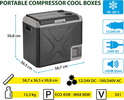 Draagbare Koel- En Vriescombinatie – Mobiele Koelkast – Camping Koelbox – Auto Koelbox – Mini Vriezer – 50 Liter Inhoud – Instelbare Temperatuur -20°C tot +20°C