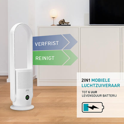 djive ARC draadloze ventilator 2in1 mobiele torenventilator & luchtreiniger, 6 uur batterij, draagbare, rotorloze standventilator met 9 snelheden, stil, met afstandsbediening, app, Alexa, H14, wit