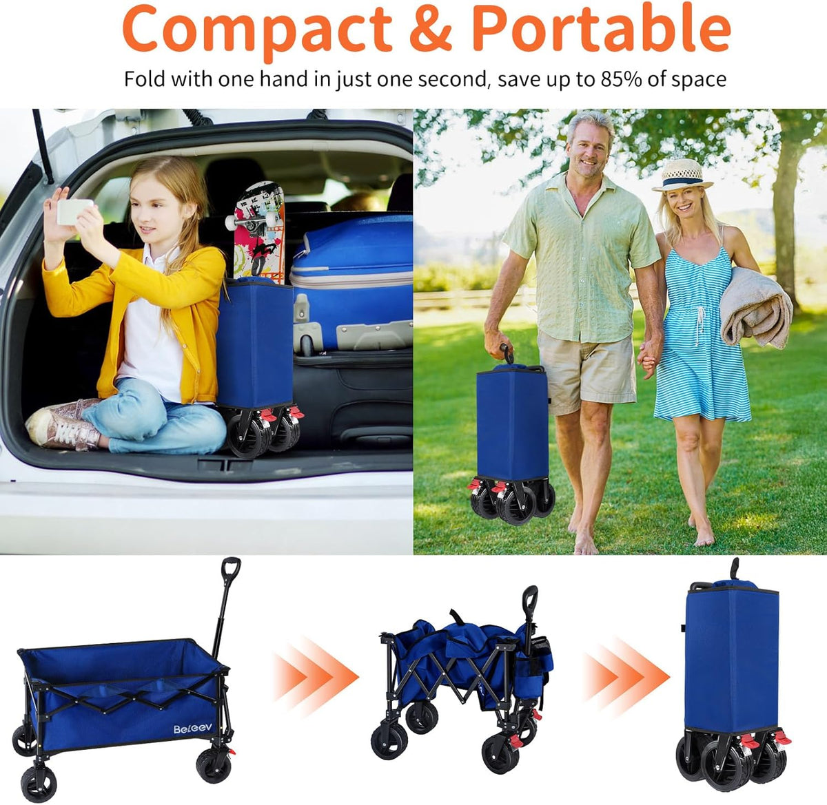 BELEEV Inklapbare Handwagen, Zware Klasse All-Terrain Handwagen met 6in Grote All-Terreinwielen, 130L Grote Capaciteit, Zijzakken & Drankhouders voor Strand Tuin Camping Sport Winkelen -Blue