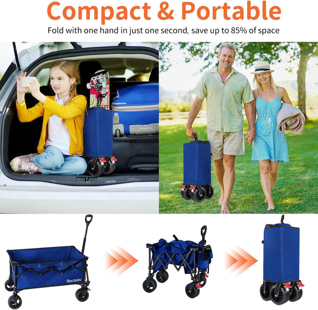 BELEEV Inklapbare Handwagen, Zware Klasse All-Terrain Handwagen met 6in Grote All-Terreinwielen, 130L Grote Capaciteit, Zijzakken & Drankhouders voor Strand Tuin Camping Sport Winkelen -Blue