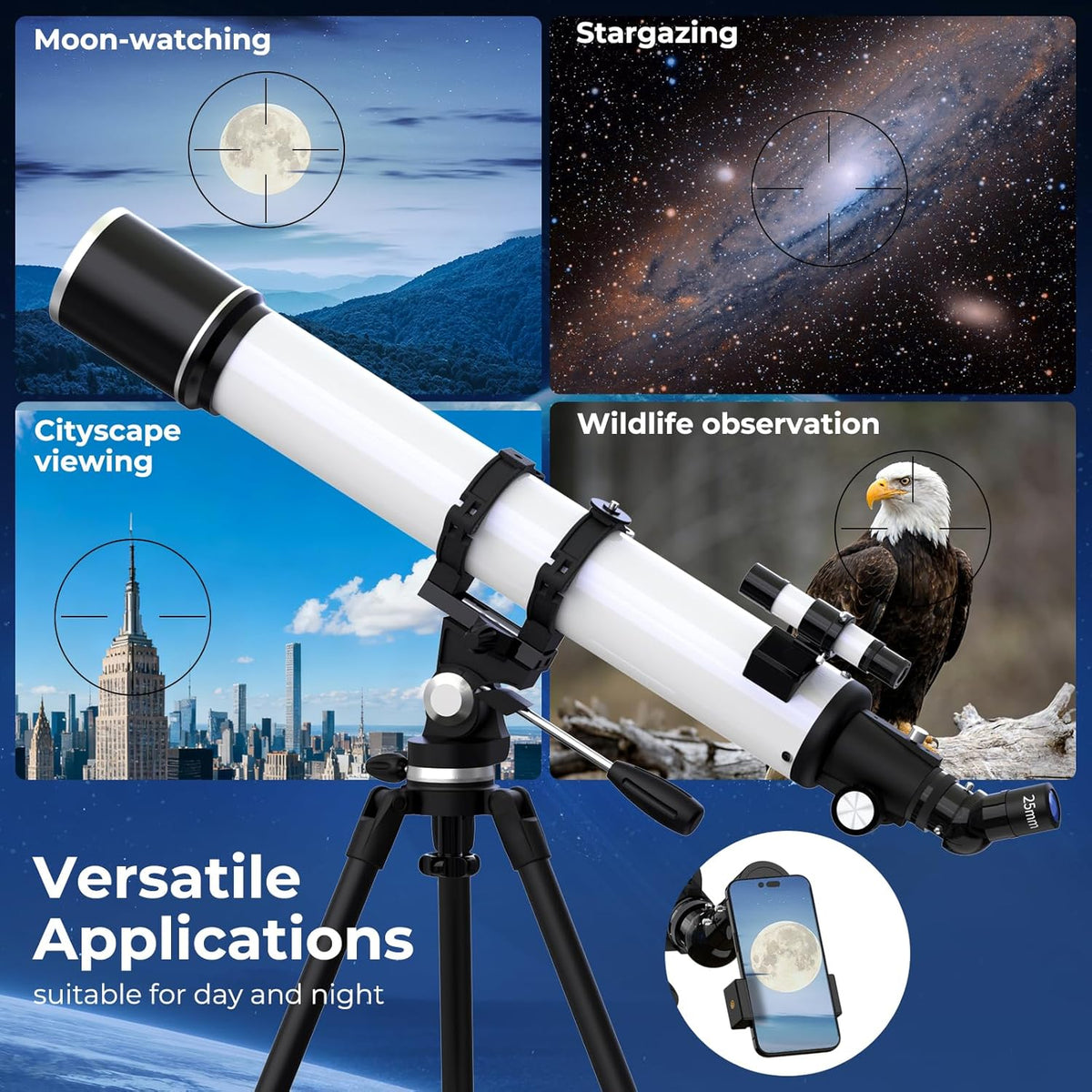 FAMIROSA Telescoop voor volwassenen astronomie, 90 mm diafragma 900 mm refractortelescopen voor kinderen en beginners, vergroting 36X-270X, met telefoonadapter, statief en draagtas (wit)