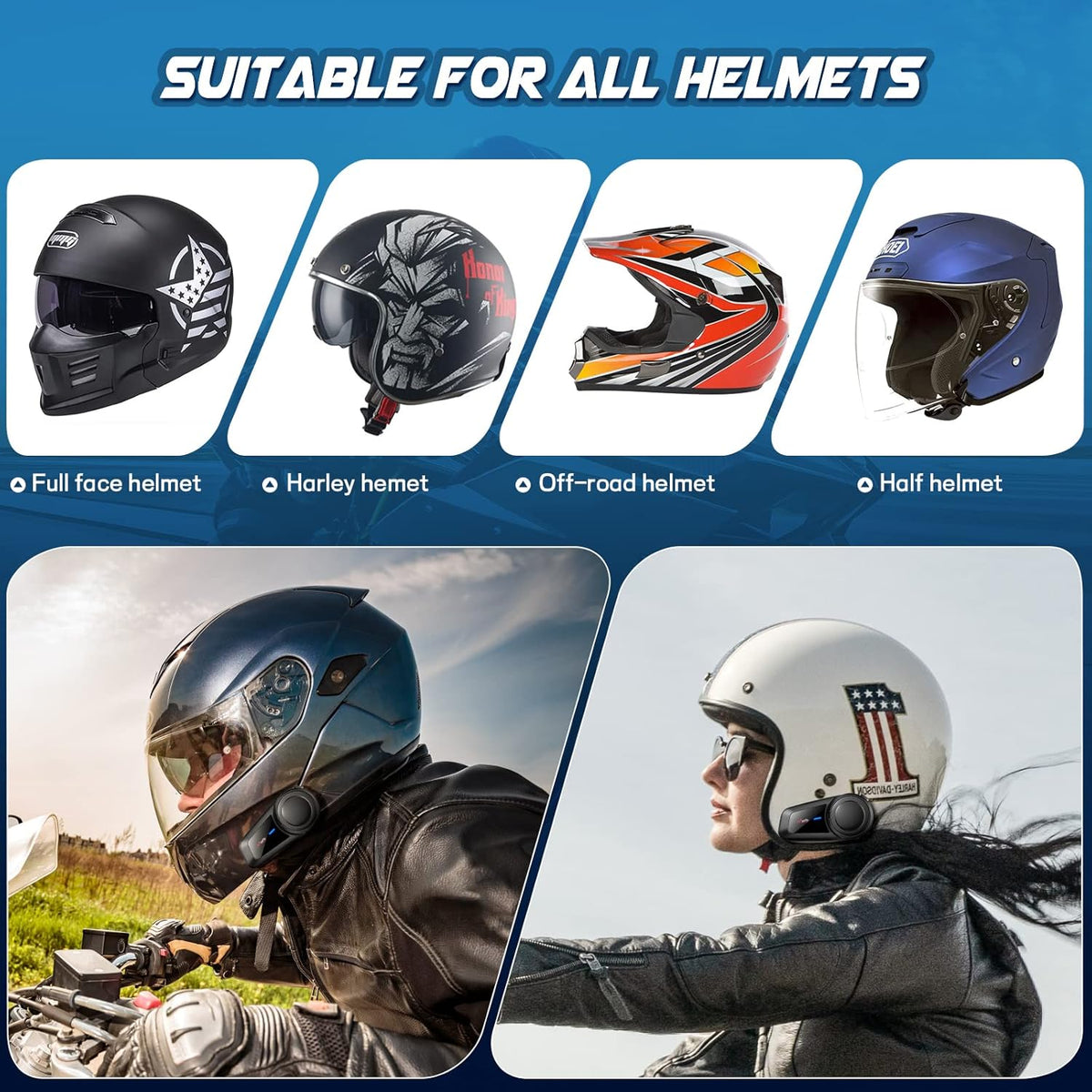 MAXTO Motorfiets Bluetooth Headset, M2 Groep Motorhelm Communicatiesystemen 6-weg BT5.0 Waterdichte Intercom 1000M Bereik met FM-radio, Siri, Spraakwijzerplaat voor Ski/ATV/Volledig/Half Gezicht (2