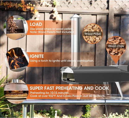 Mimiuo Pizzaoven met schep en pizzasteen, pelletkachel voor pizza met automatisch roterend grillsysteem, zwart (wereldwijd patent)