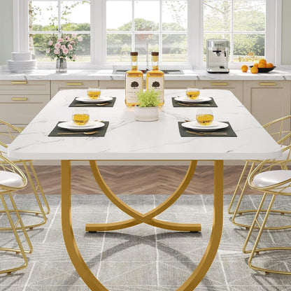 Tribesigns Rectangular Dining Table for 4 to 6, 160cm White and Gold Modern Kitchen Table with Faux Marble Tabletop and Metal Legs for Dining Room, Kitchen or Living Room