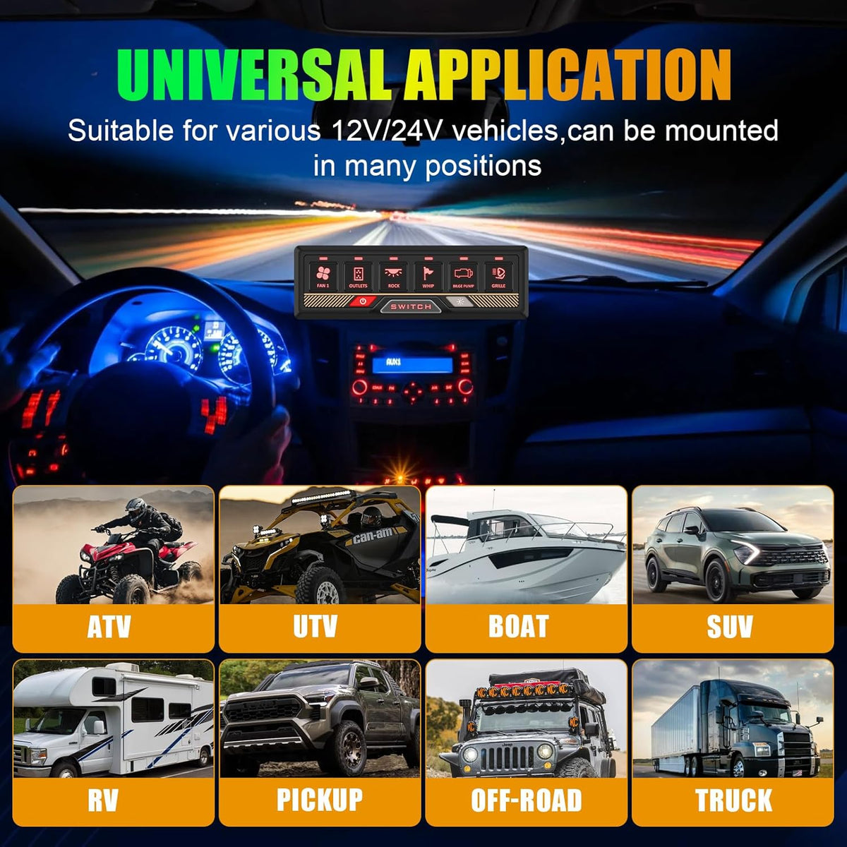 Chelhead RGB Schakelpaneel met 6 versnellingen, met app-bediening, universeel schakelcircuitbesturingsrelaisysteem, multifunctioneel bluetooth-schakelpaneel, compatibel met vrachtwagen, boot, SUV