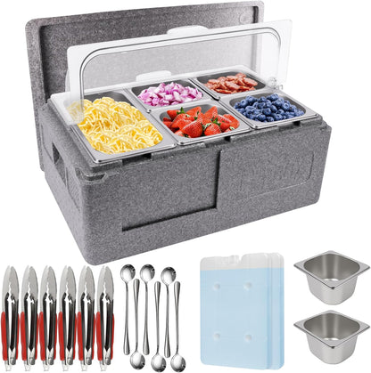 Pizza Topping Station – Buffetstation – Saladebar – Buffetbak – Toppingset – 7 Pannen Inclusief Lepels, Clips En Deksels – Geïsoleerd Met IJsdozen