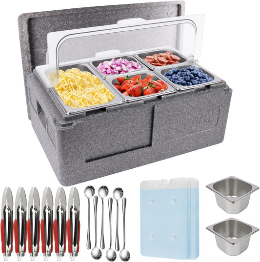 Pizza Topping Station – Buffetstation – Saladebar – Buffetbak – Toppingset – 7 Pannen Inclusief Lepels, Clips En Deksels – Geïsoleerd Met IJsdozen