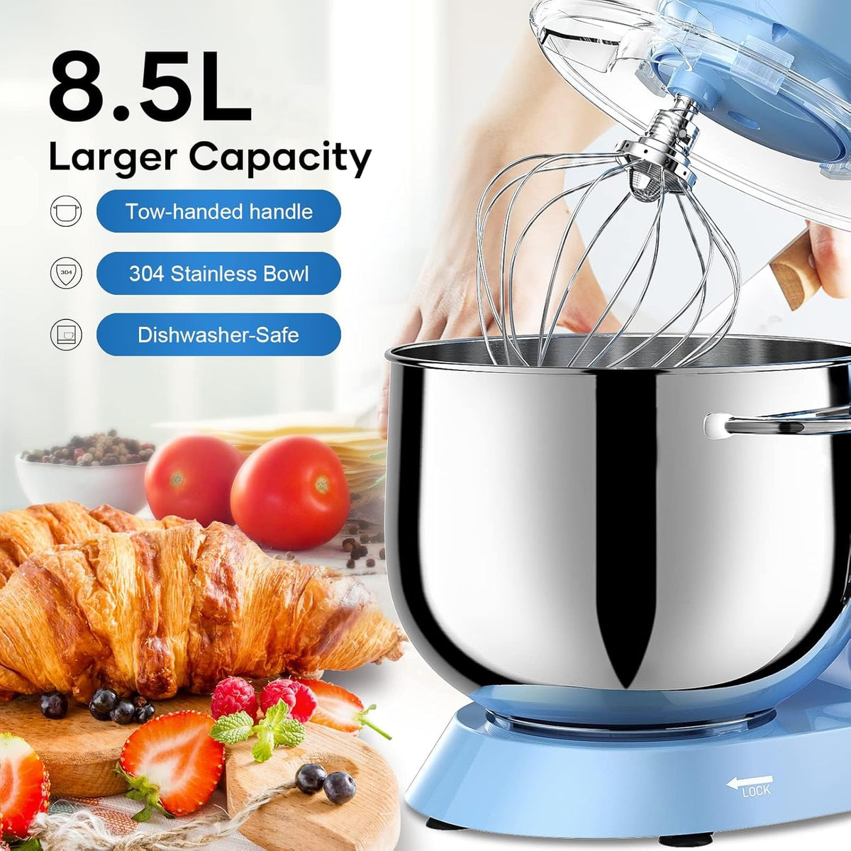 Vezzio Food Processor Kneading Machine, 1500 W, Reduced Sound, Kneading Machine with Mixing Brush, 10 Speeds, 8.5 L, Stainless Steel Bowl, Baking with Kneading Hooks, Whisk, Flat Mixer (Blauw)
