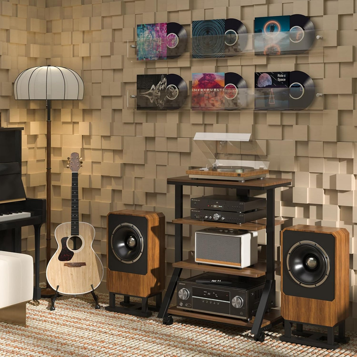 HiFi-rek – Audiorek – Mediameubel – AV-plank – Entertainmentstandaard – 4 niveaus – 8 mm planken, zwenkwielen met vergrendeling