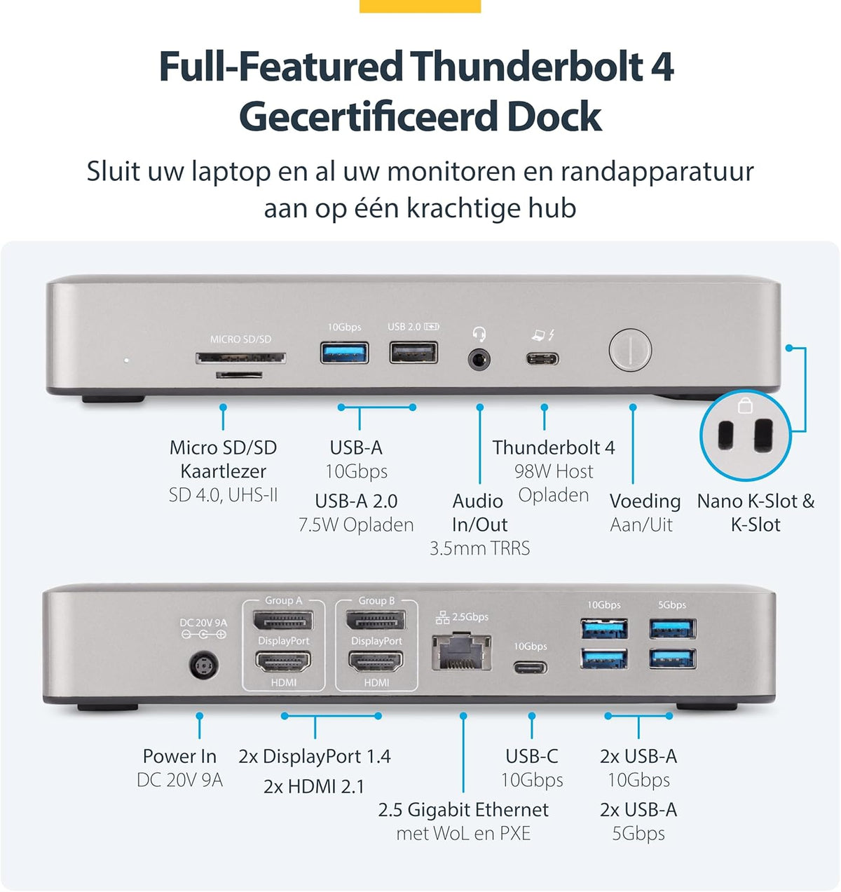StarTech.com Universeel USB4 & Thunderbolt 4 Docking Station, Quad Display op Windows, Dual Display op MacBook, HDMI DP Dock met 98W Laptop Charging