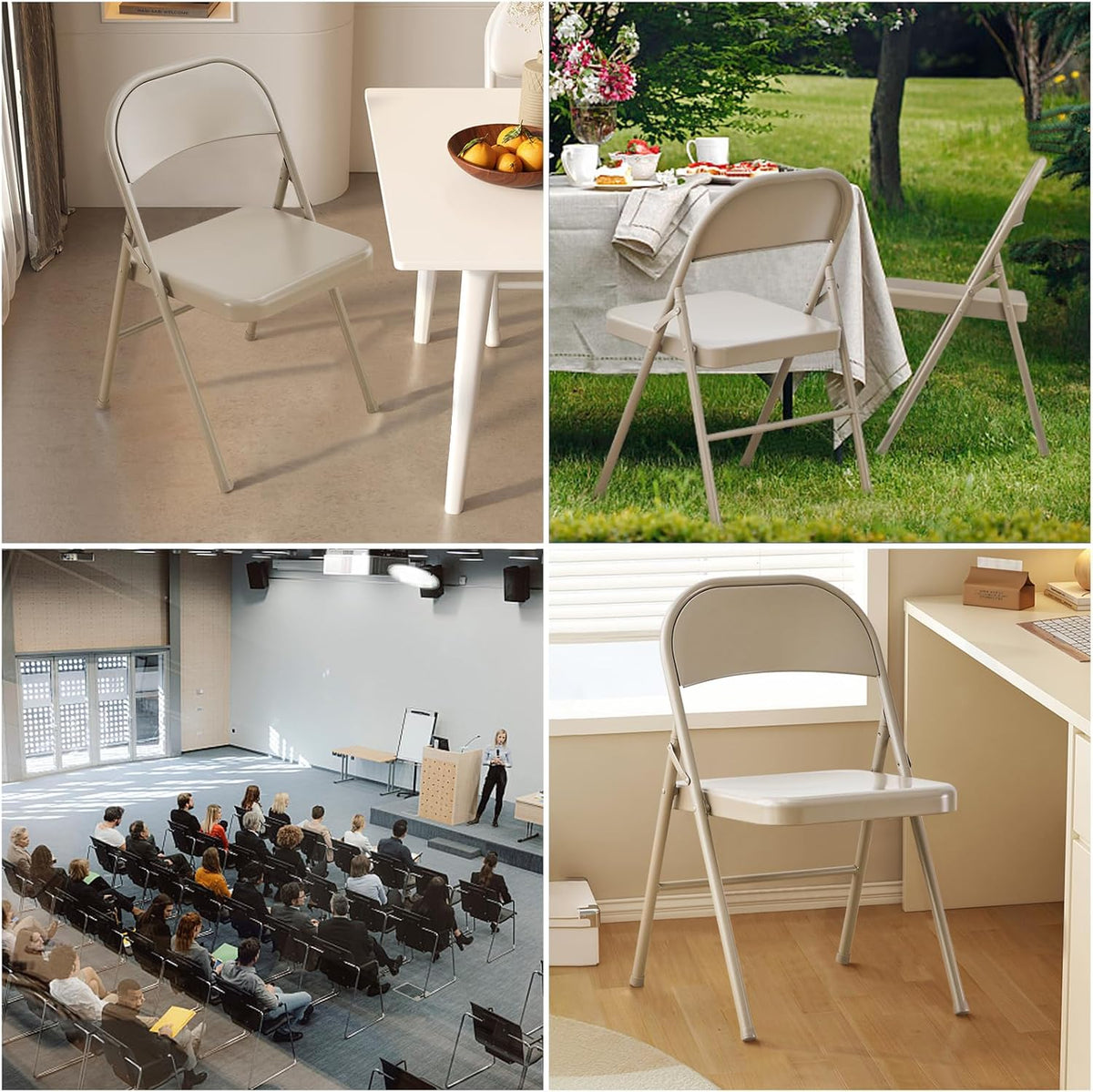 KAIHAOWIN Metalen klapstoel - Set van 4 volledig stalen opvouwbare stoelen ruimtebesparend en zwaar belastbaar voor vergadering kantoor bruiloft feest evenementen - beige