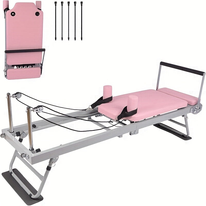 Pilates Reformer – Pilates Machine – Fitnessapparaat – Gymtoestel – Trainingsapparaat – Inklapbaar & Compact – Verstelbare Weerstand – Roze – Stevig Frame & Comfortabele Kussens