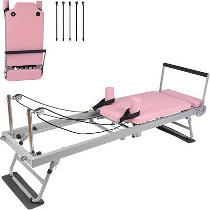 Pilates Reformer – Pilates Machine – Fitnessapparaat – Gymtoestel – Trainingsapparaat – Inklapbaar & Compact – Verstelbare Weerstand – Roze – Stevig Frame & Comfortabele Kussens