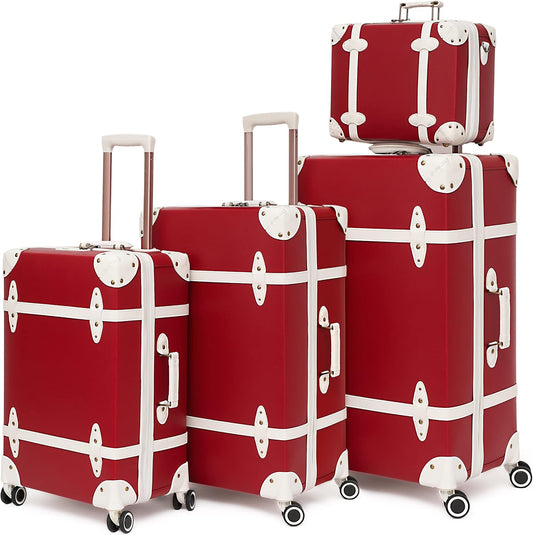 Urecity Vintage reiskofferset, 4-delig, licht, retro, lederen koffer, harde schaal, trolley, handbagage, sets met TSA-slot en 8 wielen (S-M-L-XL), rood, Kofferset