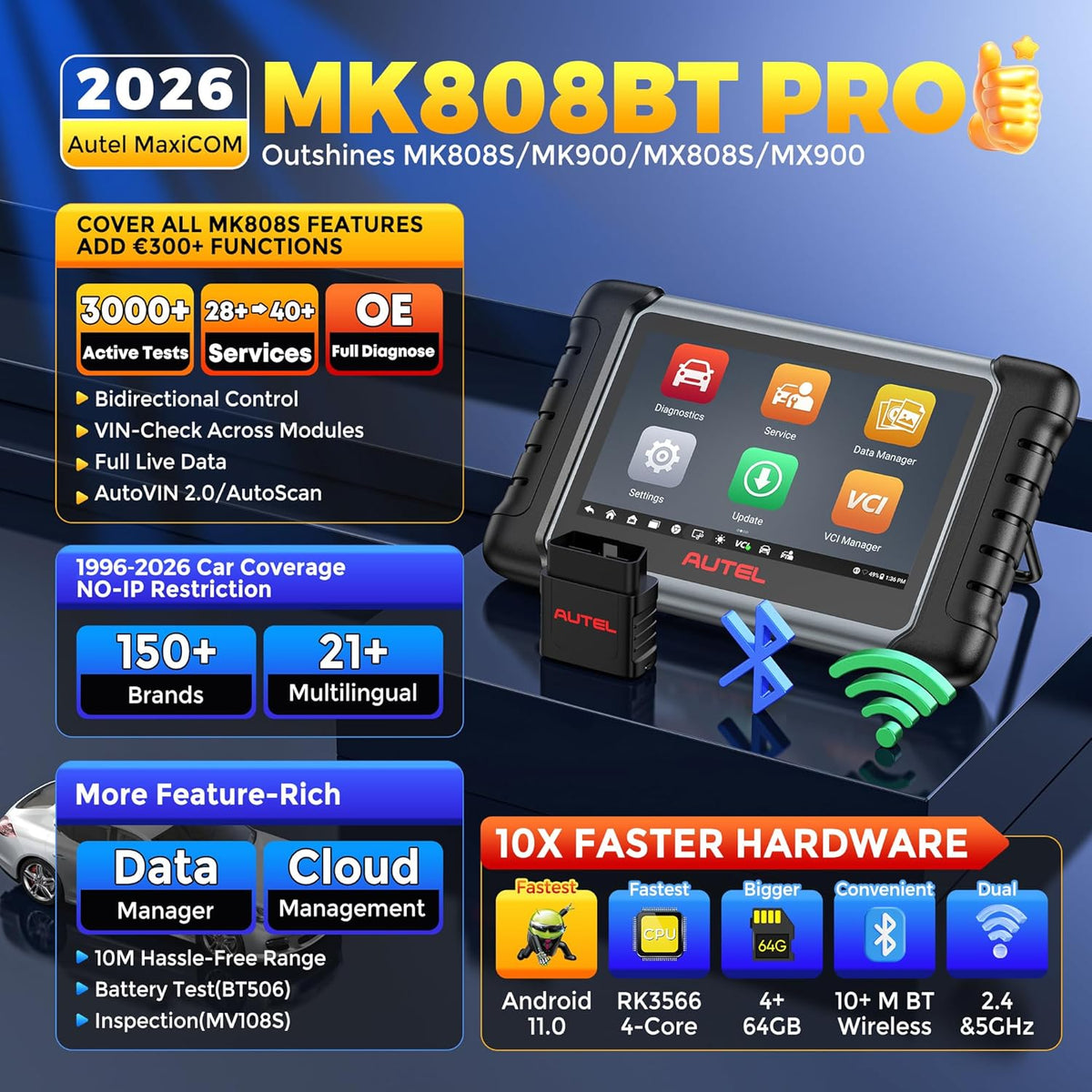 Autel MaxiCOM MK808BT PRO Android 11 OS (Opgewaardeerd van MaxiCheck MX808S MK808S MK808), 2026 Bidirectionele Besturing Automotive Diagnostische Scantool, Alle Systeem, 28 Services, Steun BT506 MV108