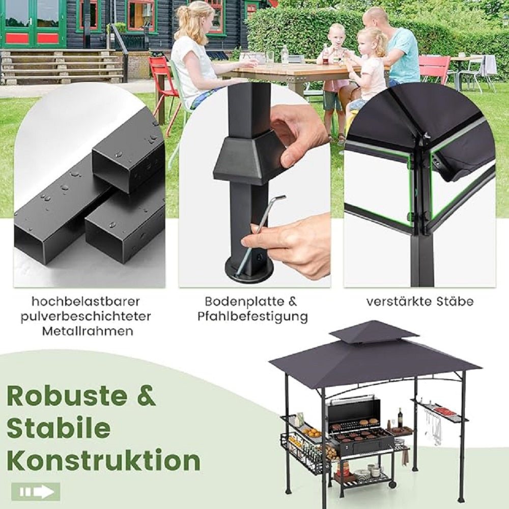 Buiten Grill Gazebo – Barbecue Tent – BBQ Overkapping – Grill Shelter – Buitenkeuken Prieel – 8 x 5 ft Groot – Dubbel Geventileerd Dak – 2 Zijtafels & 10 Haakjes