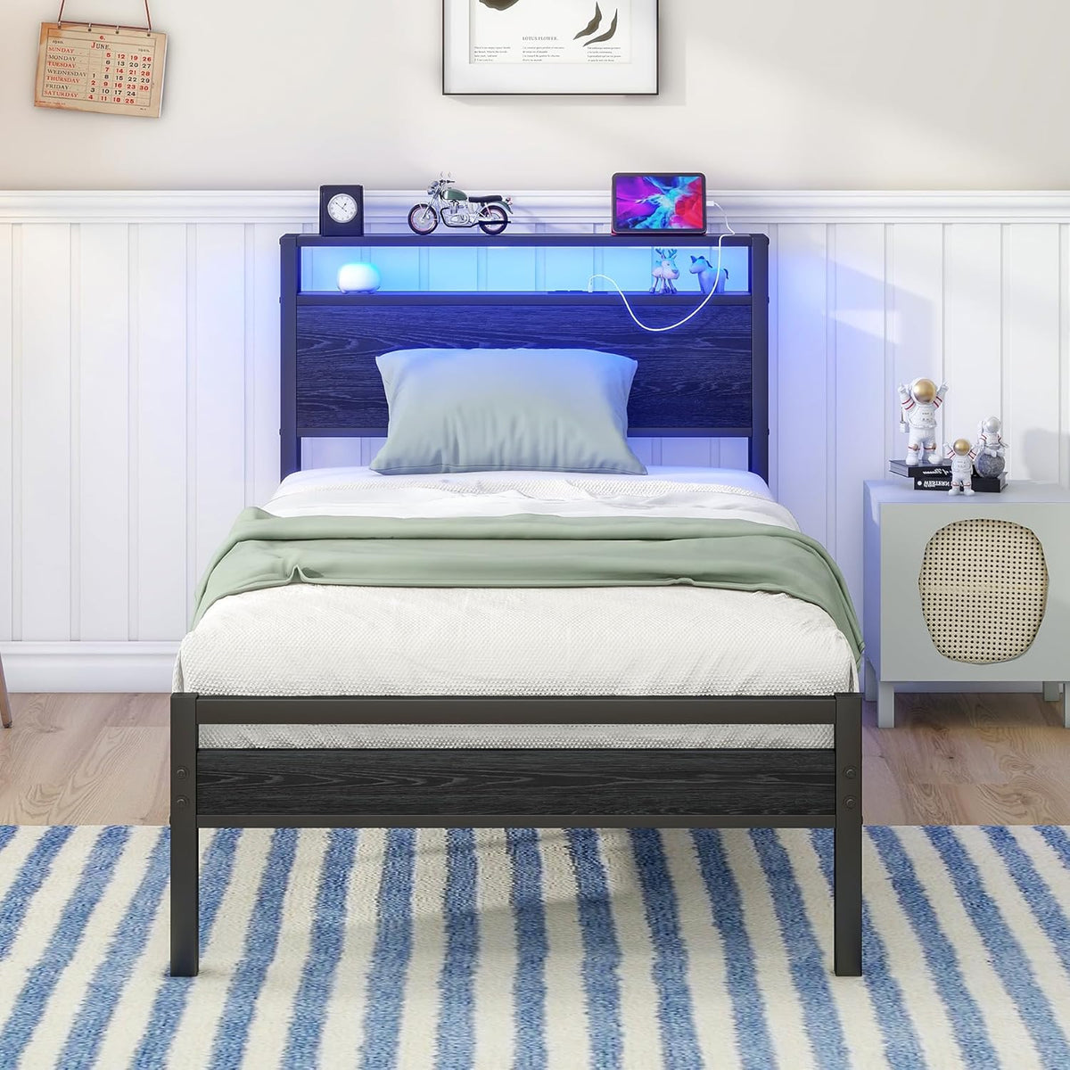 HOJINLINERO Eenpersoonsbedframe met opbergplank, hoofdeinde en LED-verlichting, metalen platformbedframe met oplaadstation, matrasbasis/sterke latten ondersteuning/opbergruimte onder bed/eenvoudige