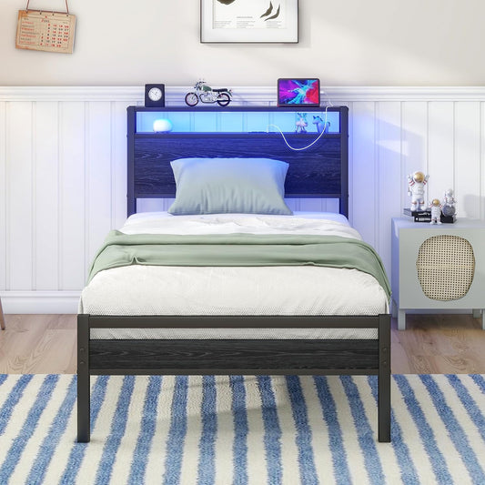 HOJINLINERO Eenpersoonsbedframe met opbergplank, hoofdeinde en LED-verlichting, metalen platformbedframe met oplaadstation, matrasbasis/sterke latten ondersteuning/opbergruimte onder bed/eenvoudige