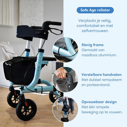 Rollator lichtgewicht en opvouwbaar - zitfunctie - voor binnen en buiten - rugleuningen en wandelstok houder (Blauw)