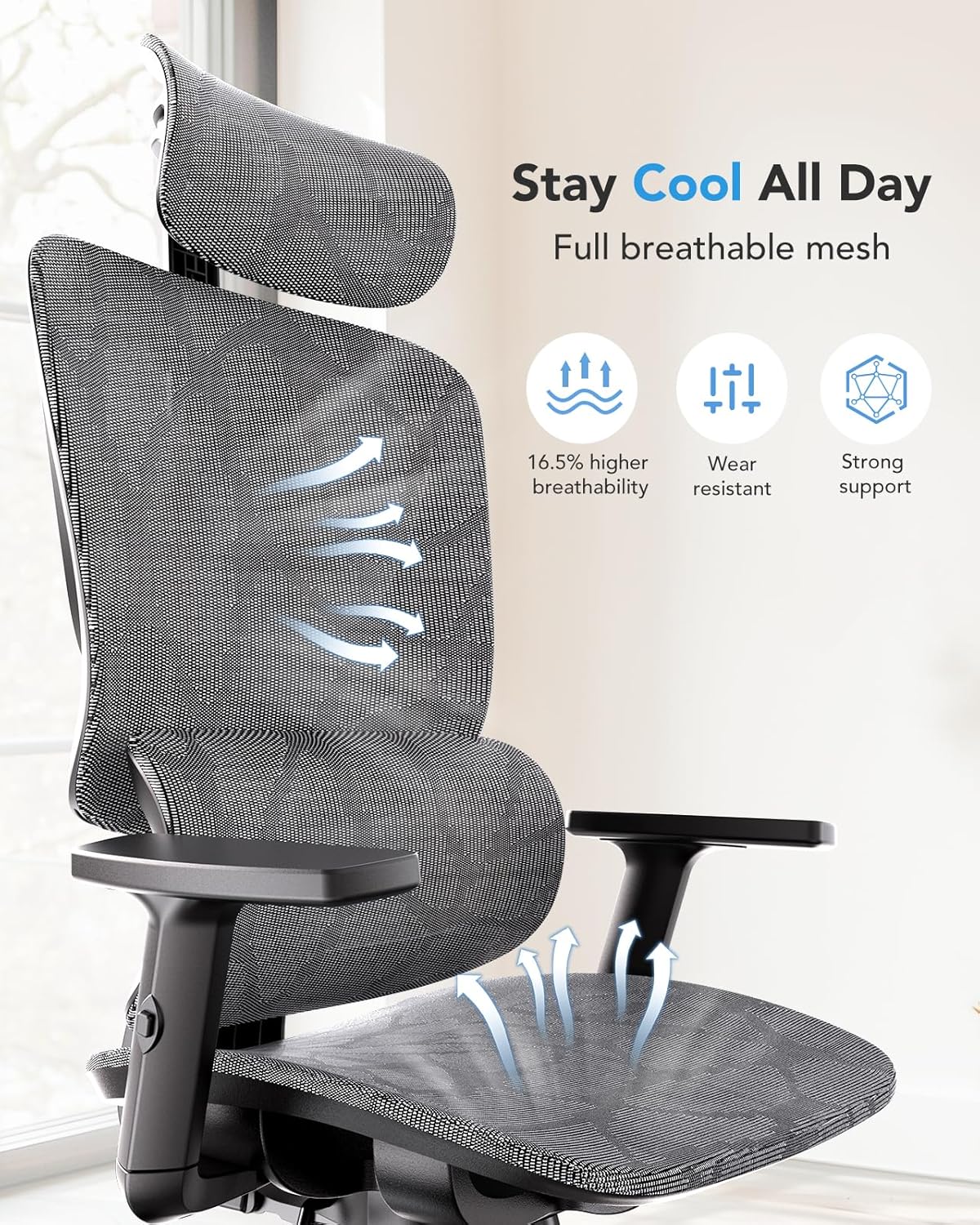 Ergonomische Bureaustoel – Mesh bureaustoel – Computerstoel – Gamingstoel – Bureaustoel Met Hoge Rugleuning – Verstelbare Lendensteun Met 5 Niveaus – Ademend Mesh-Materiaal Voor Optimaal Comfort